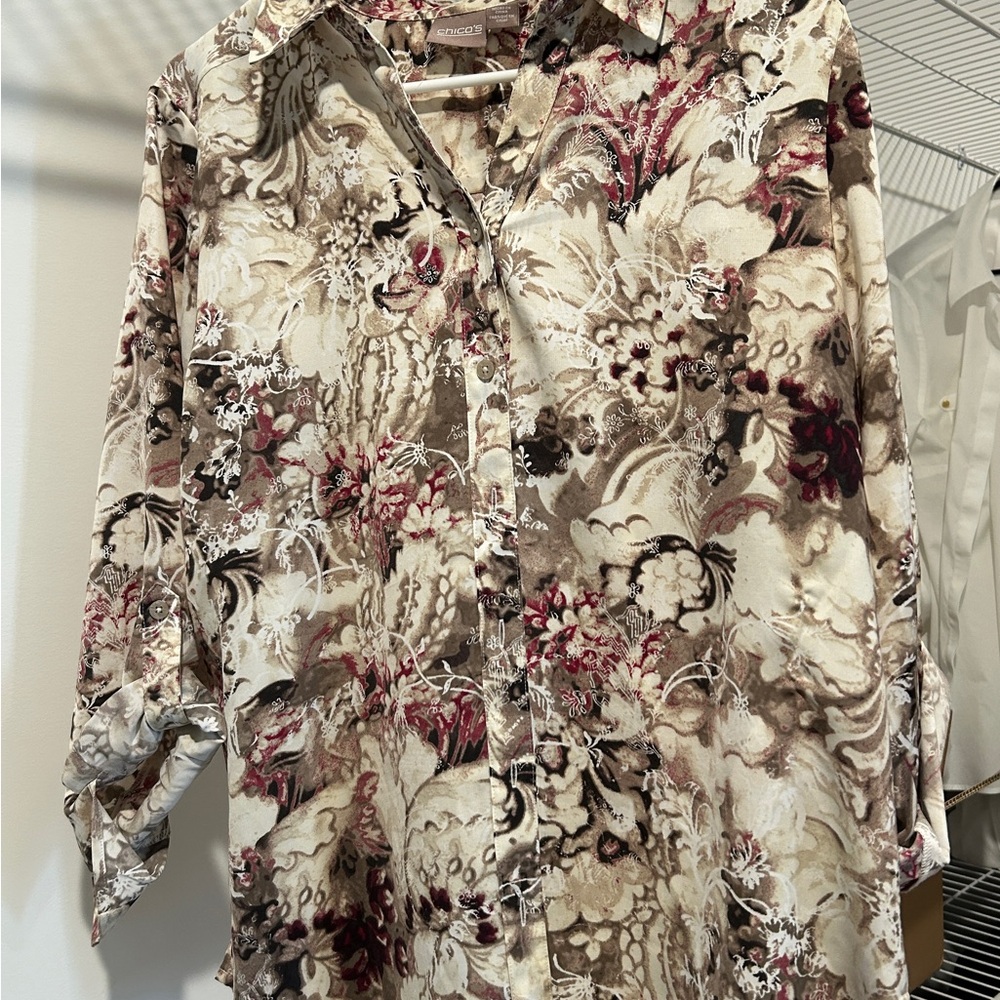 Chico's Floral Button Down Shirt - Cream, Brown, Red